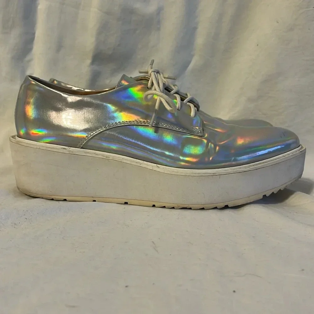 Prada Holographic Iridescent Platform Lace Up Logo Sole Shoe 37/7